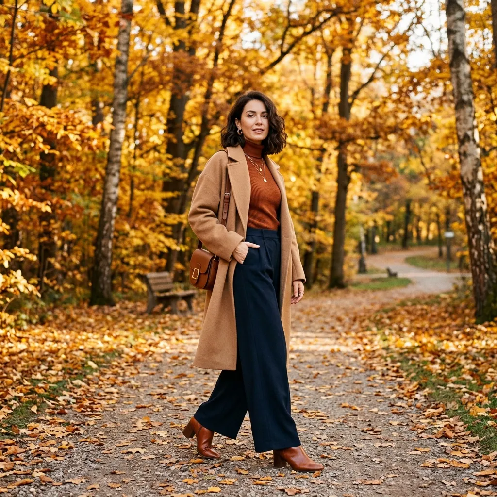 Stylish woman in oversized camel coat over rust turtleneck, wide-leg dark trousers and leather ankle boots, golden autumn park