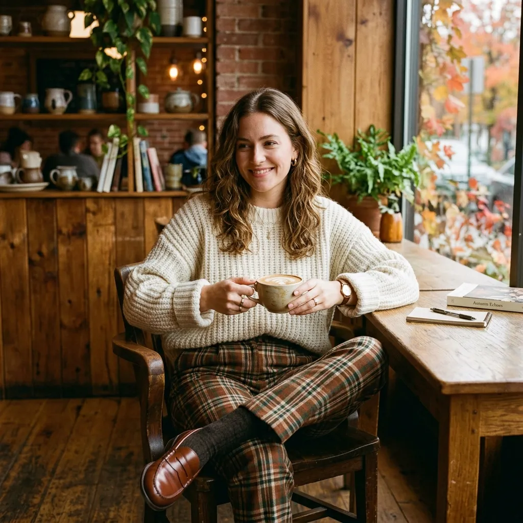 Cozy woman in chunky knit cream sweater and high-waist plaid earthy trousers at rustic coffee shop with autumn tones