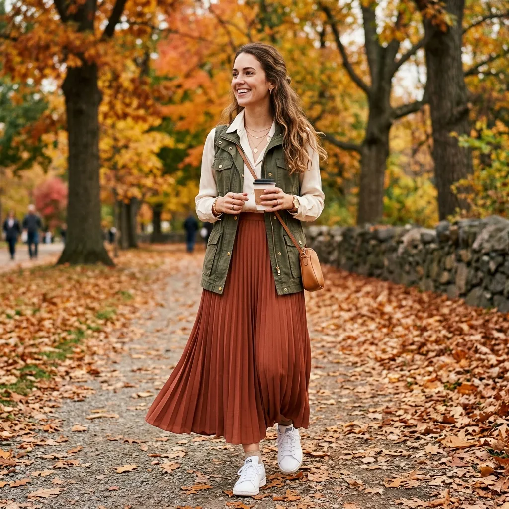 Woman in cream silk blouse under olive utility vest with terracotta maxi skirt and white sneakers, outdoors with autumn leaves