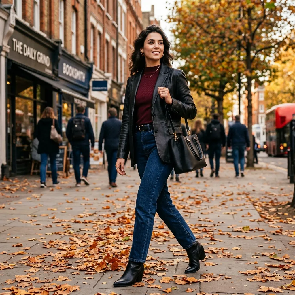 Chic woman in black leather blazer over burgundy mock-neck top, straight dark jeans and pointed boots, urban autumn street