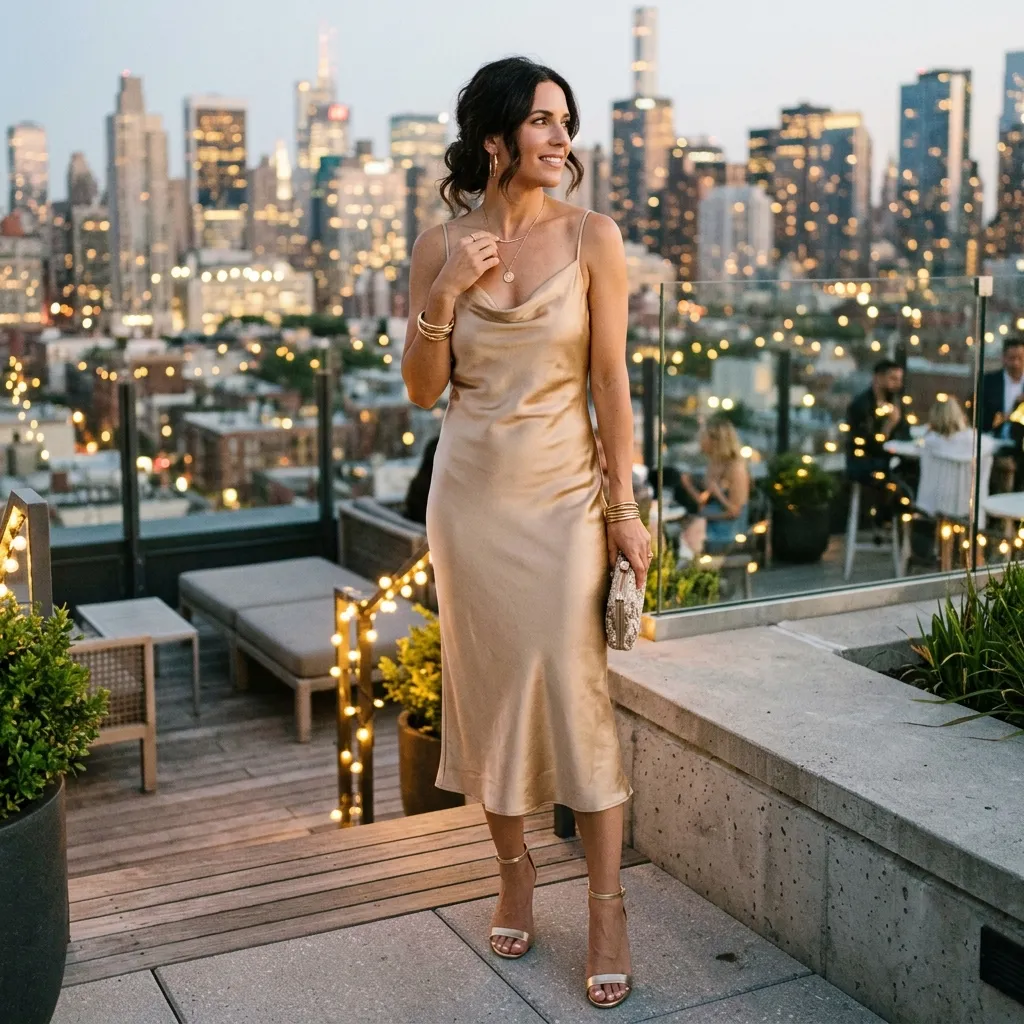 Sophisticated woman in satin champagne slip dress on rooftop evening setting with city lights, elegant summer fashion