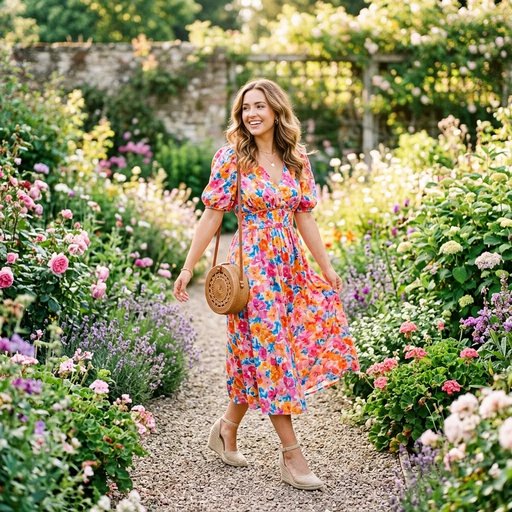 Woman in vibrant floral midi dress with espadrilles and rattan crossbody, walking through blooming garden