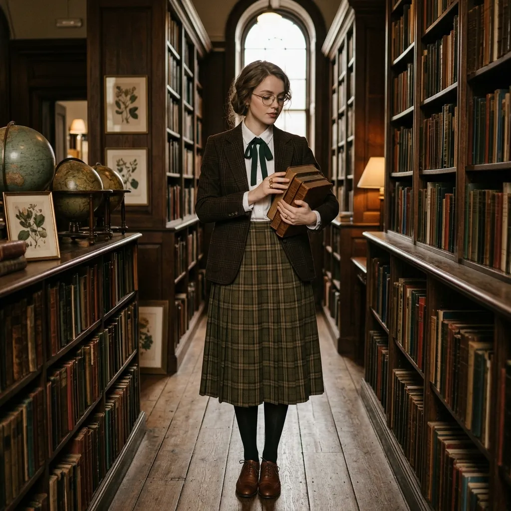 Woman in dark academia Halloween aesthetic with plaid blazer, white shirt, dark tie, Oxford shoes and stack of old books