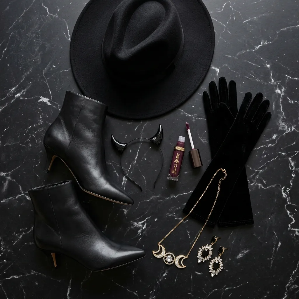 Flat lay of Halloween fashion accessories - pointed toe black ankle boots, black velvet opera gloves, small structured horns, crystal earrings and black wide brim hat