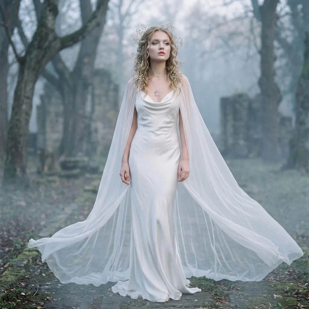 Ethereal woman in elegant ghost aesthetic - flowing white silk gown, white dried florals in hair, silver accessories, dreamy soft photography