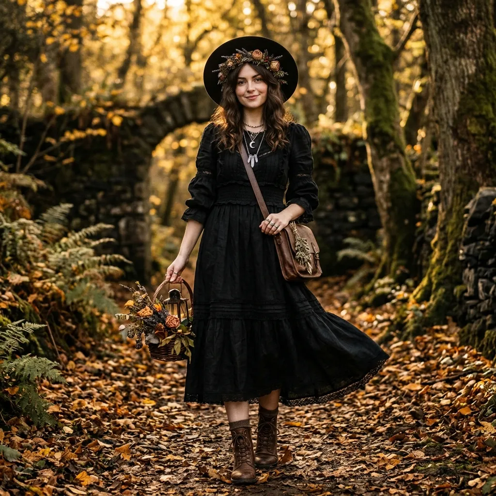 Stylish woman in cottagecore witch aesthetic - black prairie dress, wide brim felt hat, lace-up boots, layered crystal necklaces, dark romantic outdoor setting