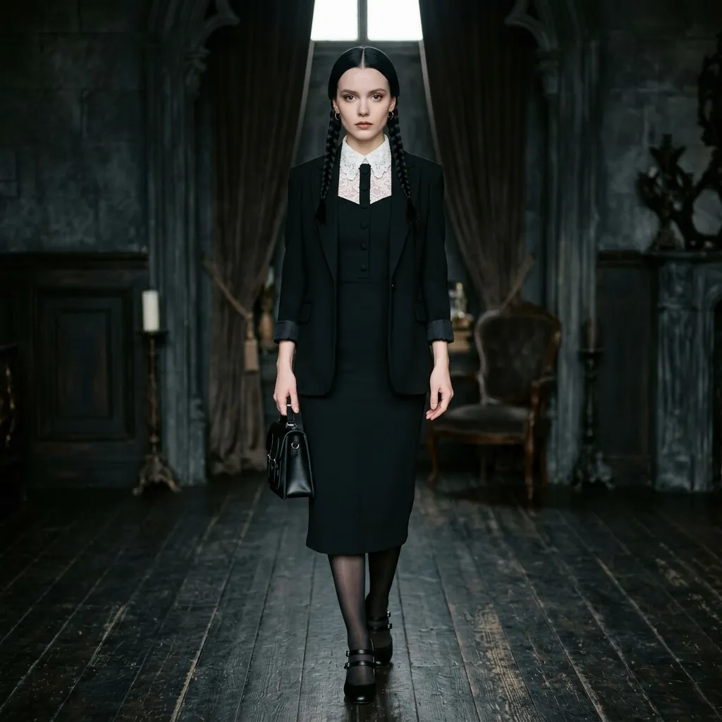 Woman in elegant Wednesday Addams inspired Halloween outfit - fitted black dress, white lace collar, black Mary Jane heels, two tight braids, pale makeup