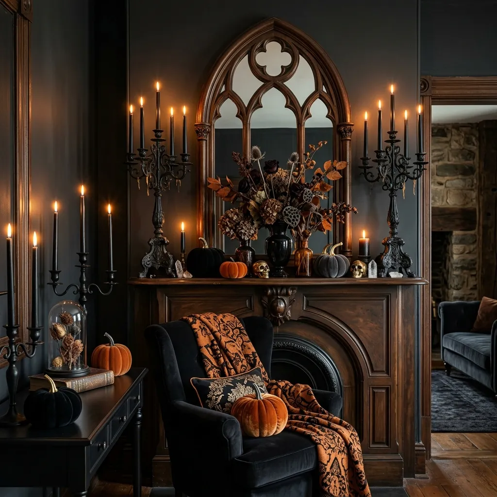 Elegant Halloween living room with black and orange aesthetic, candelabras, dried botanicals, gothic mirror and velvet pumpkins