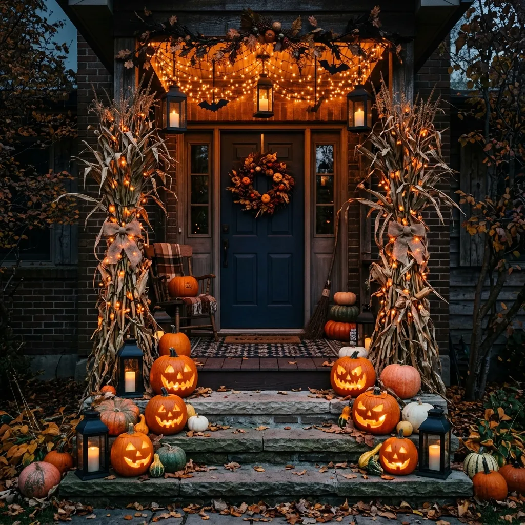 Stunning Halloween decorated front porch with carved glowing pumpkins on steps, dried corn stalks, orange fairy lights and black lanterns
