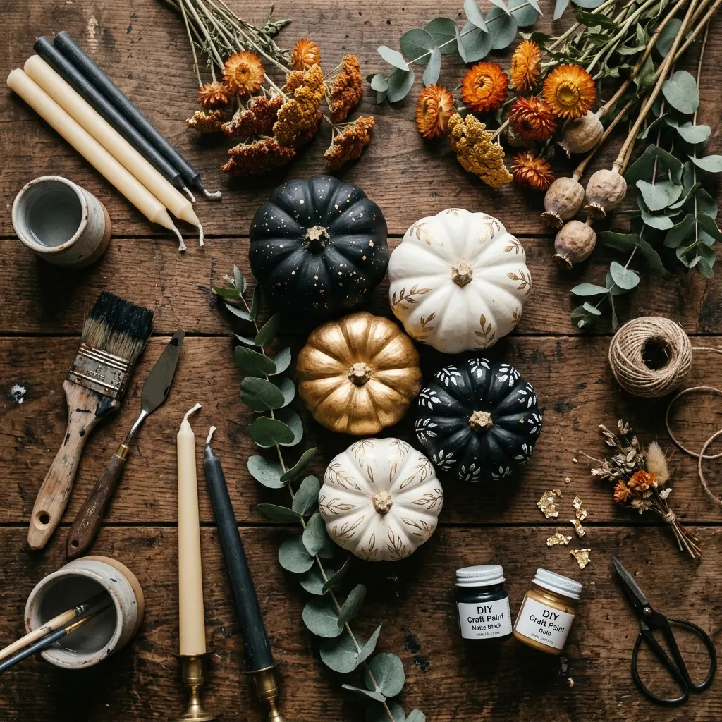 Beautiful flat lay of painted Halloween pumpkins in black white and gold with dried flowers, candles and craft supplies
