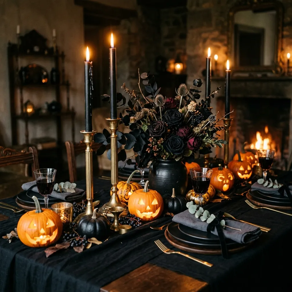 Beautiful Halloween dinner tablescape with black linen, gold candlesticks, carved pumpkins, dark floral centerpiece and gold cutlery