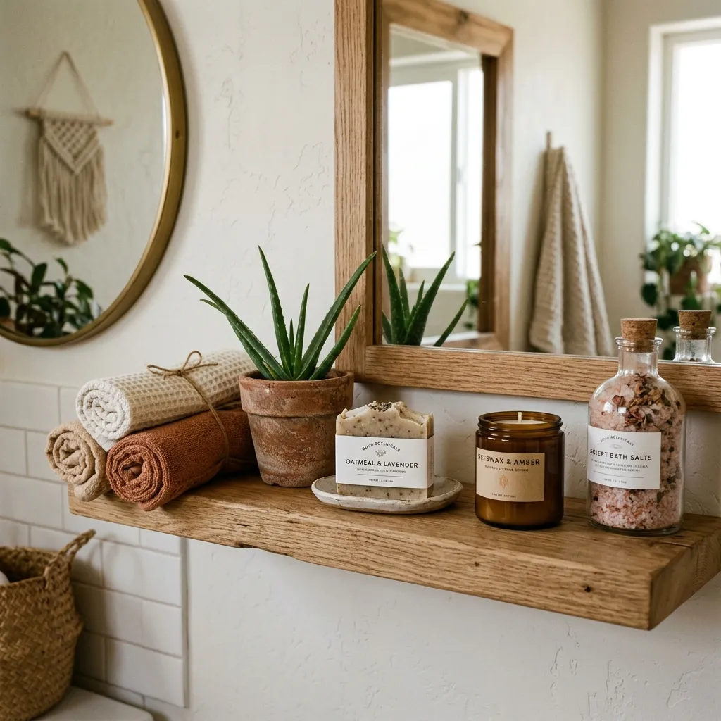 Boho bathroom wooden shelf with towels, plant, soap and candle