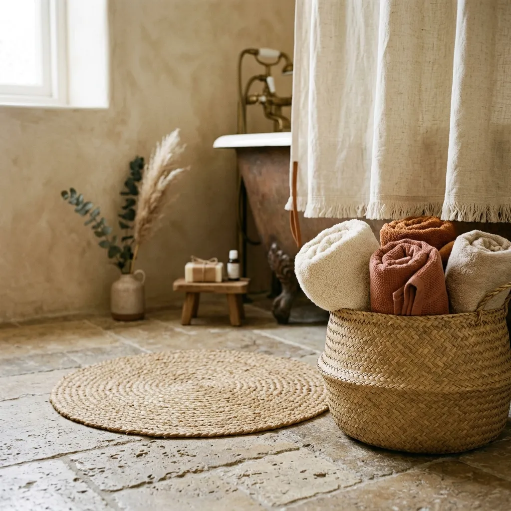 Boho bathroom jute bath mat, woven seagrass basket with rolled terracotta and cream towels, linen shower curtain