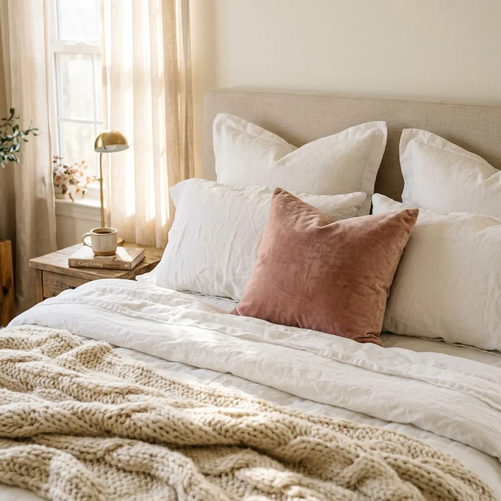 Cozy layered bed with linen sheets and chunky knit throw