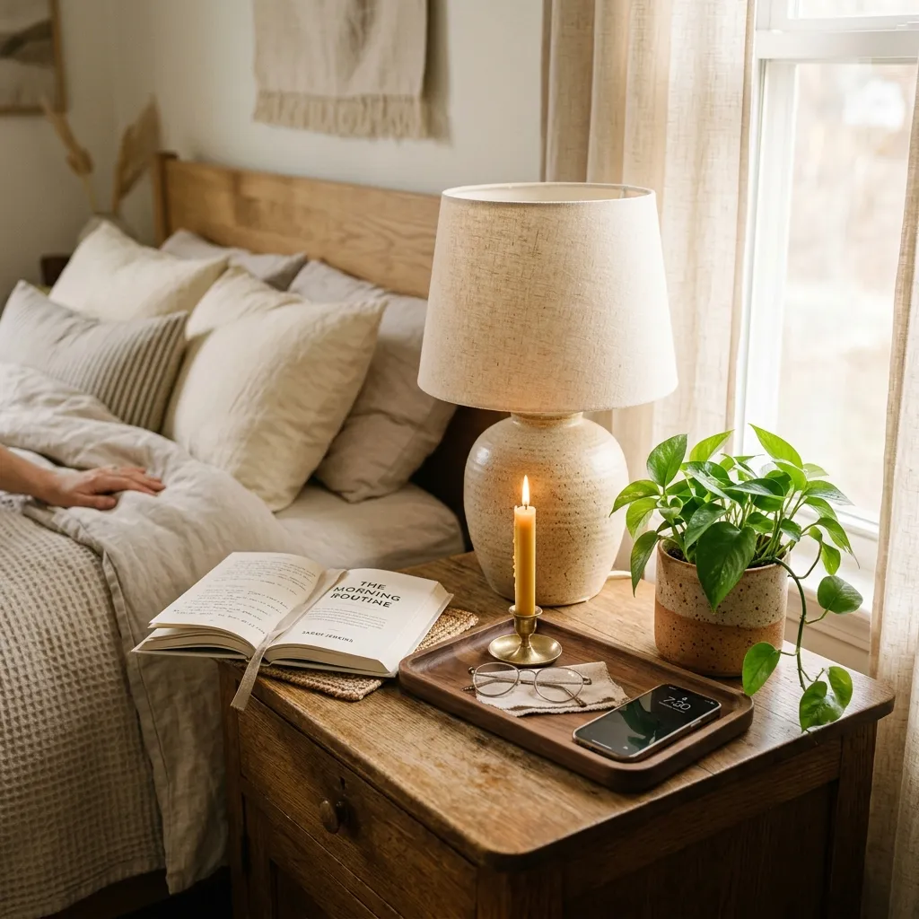 Perfectly styled bedroom nightstand with ceramic lamp, small plant, book, and beeswax candle