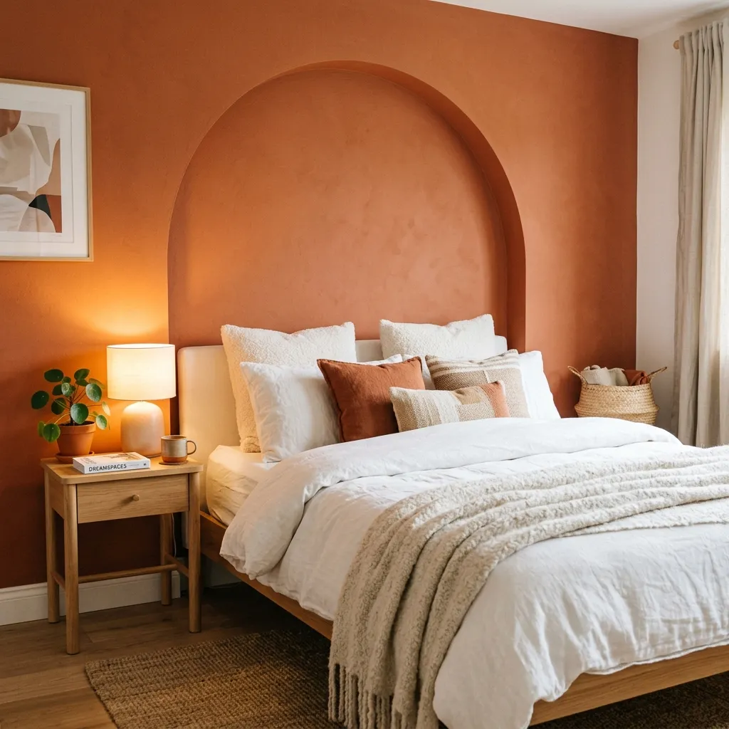 Terracotta painted arch focal wall acting as a faux headboard behind white bedding