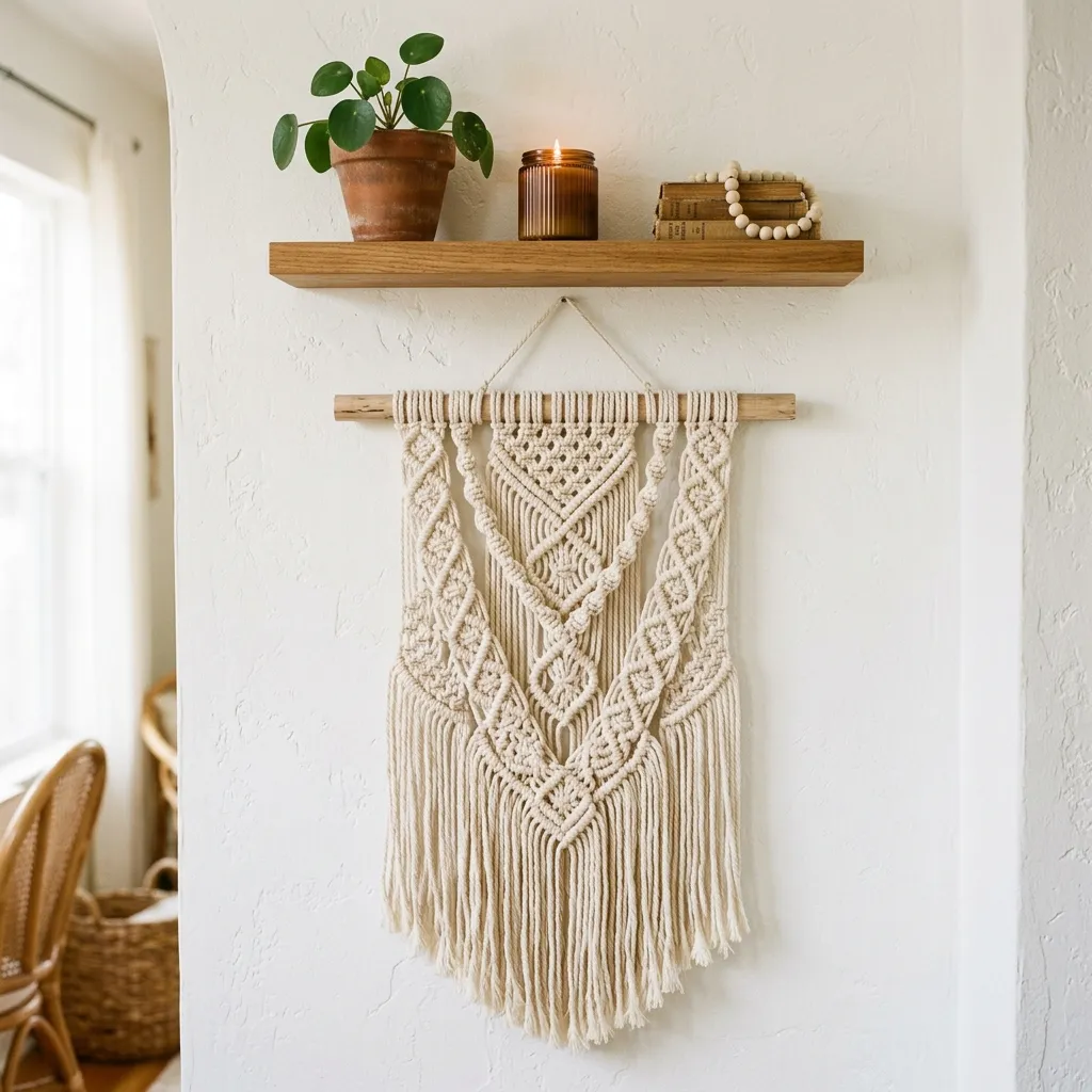 Handmade macrame wall hanging in cream cotton with boho fringe above a wooden shelf with plant and candle