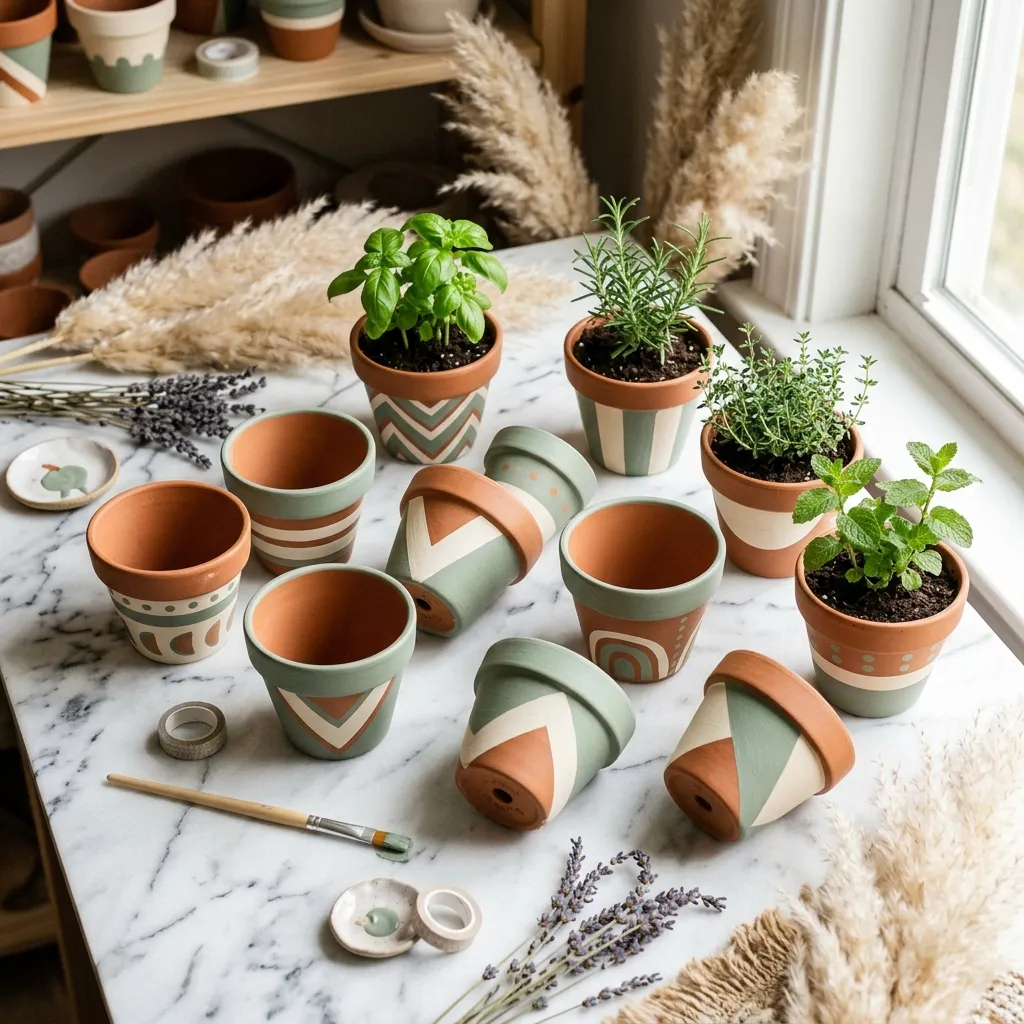 Hand-painted terra cotta pots in sage green and terracotta with geometric patterns and herbs