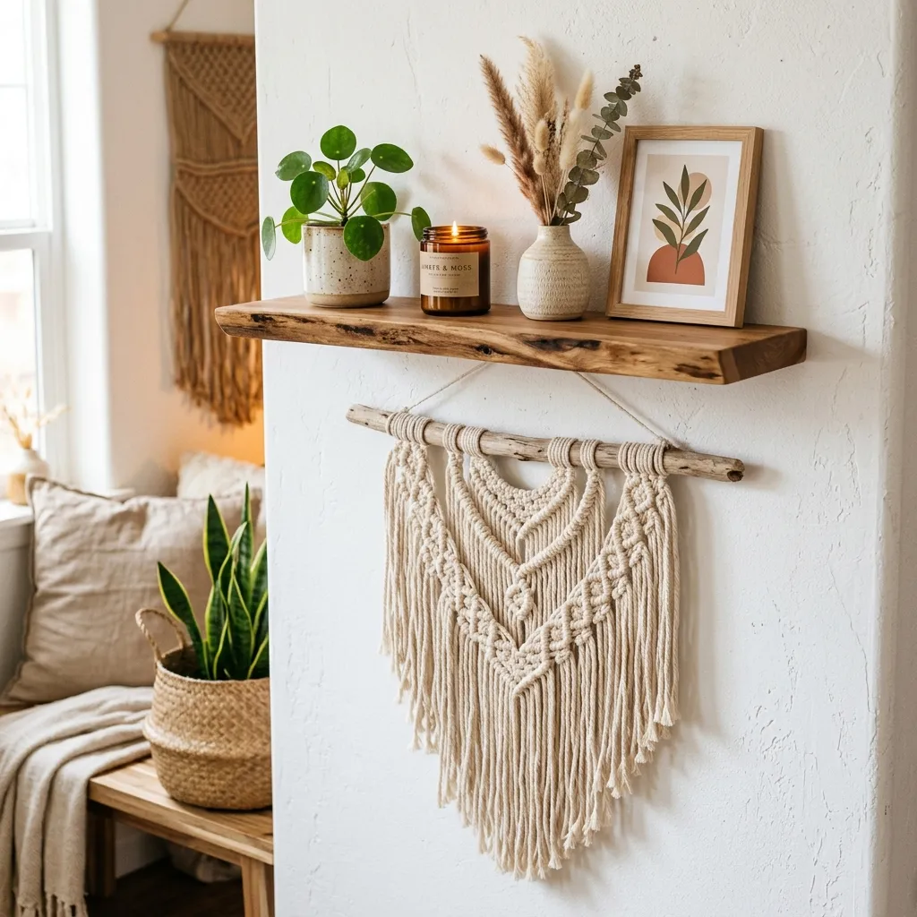 Boho floating shelf with plant, macrame, and candle