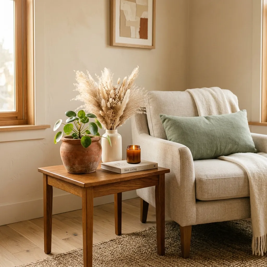 Earthy styled living room corner with terracotta pot and sage cushions