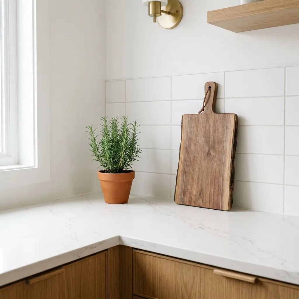 Minimalist kitchen countertop completely clear with a single herb plant and wooden cutting board