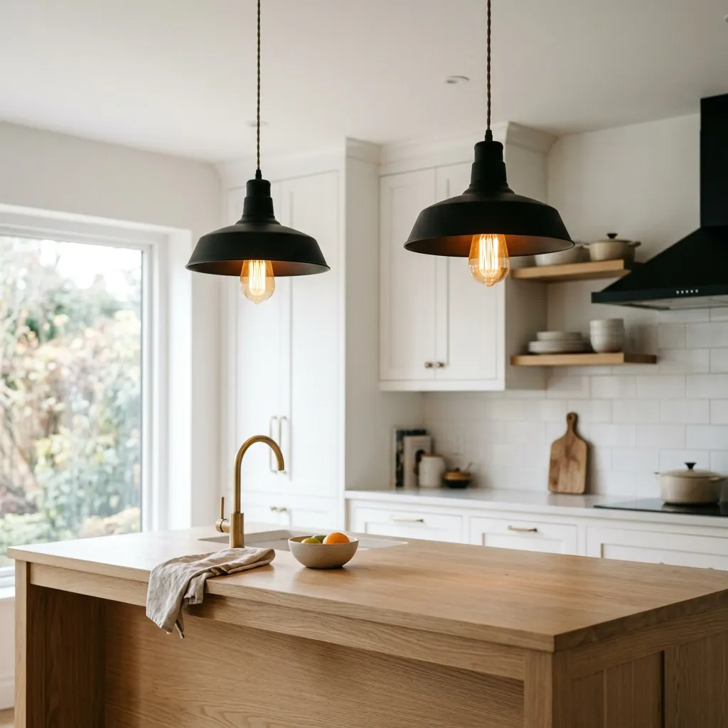 Two matte black pendant lights glowing over a light wood kitchen island with white cabinetry