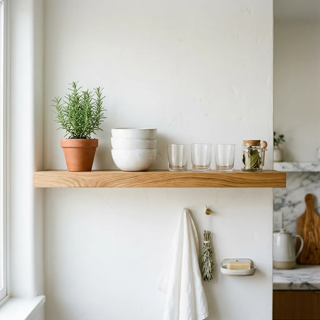 Minimalist kitchen open shelving with white ceramics and herbs