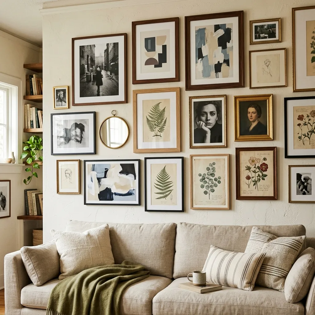 Salon-style gallery wall with mixed frame sizes and art prints above a linen sofa