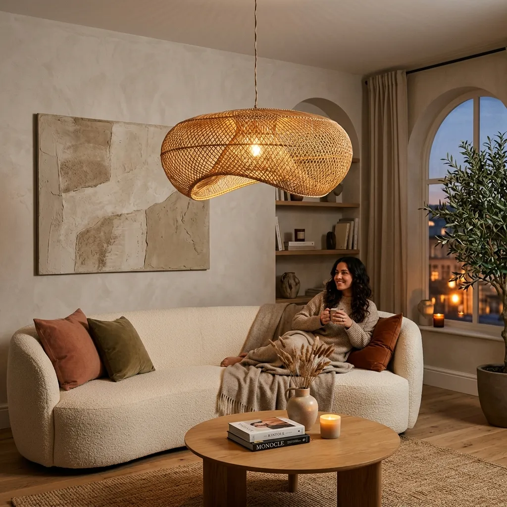 Rattan pendant light above curved bouclé sofa in warm living room