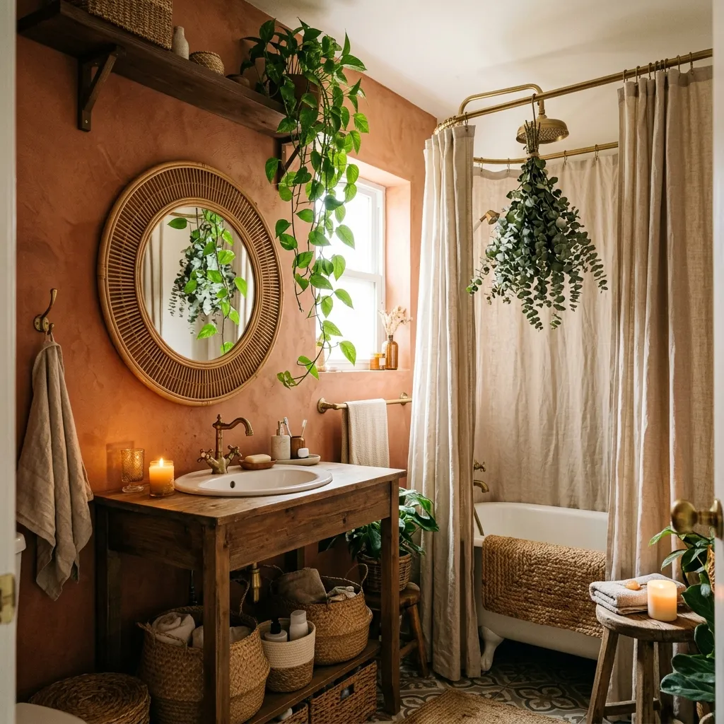 Boho bathroom round rattan mirror above white ceramic sink with brass faucet and dried eucalyptus stem