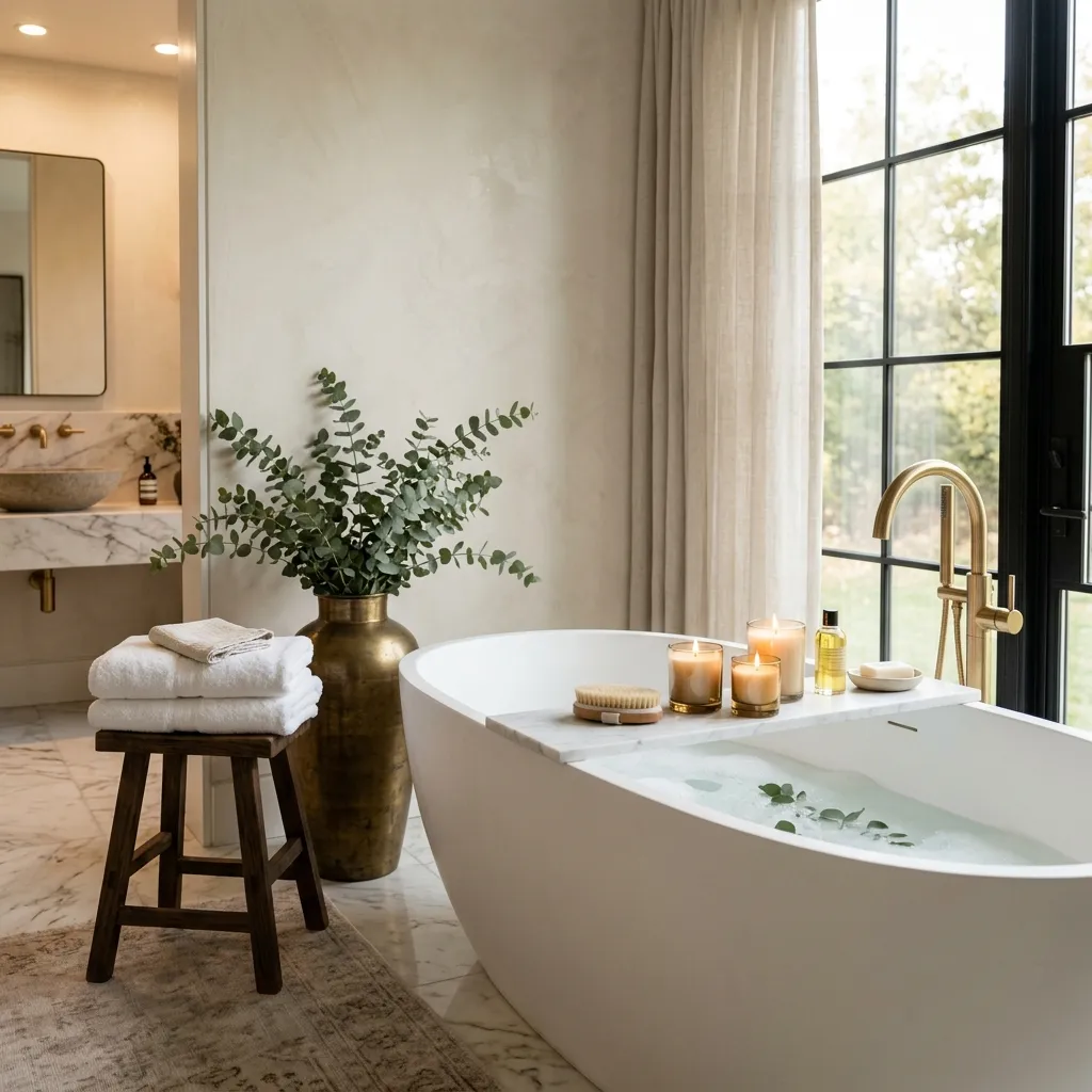 Luxury spa bathroom with freestanding soaking tub, eucalyptus branch, white towels and candles on marble tray