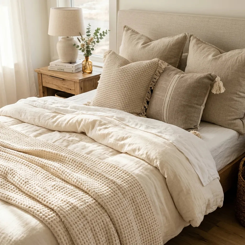 Bedroom with layered linen bedding, warm ambient lighting and carefully styled nightstand with books and candle
