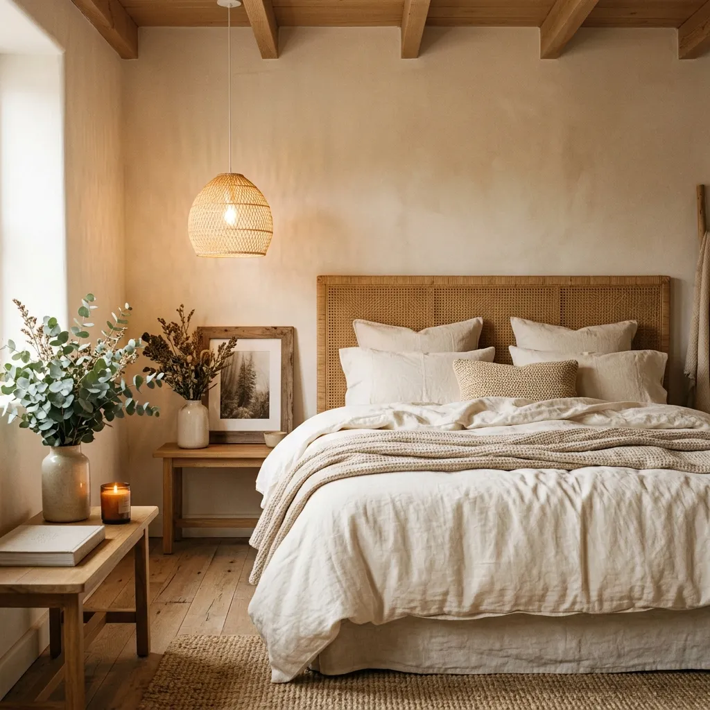 Dreamy cozy bedroom with cream linen bedding, rattan headboard, pendant lights and eucalyptus on nightstand