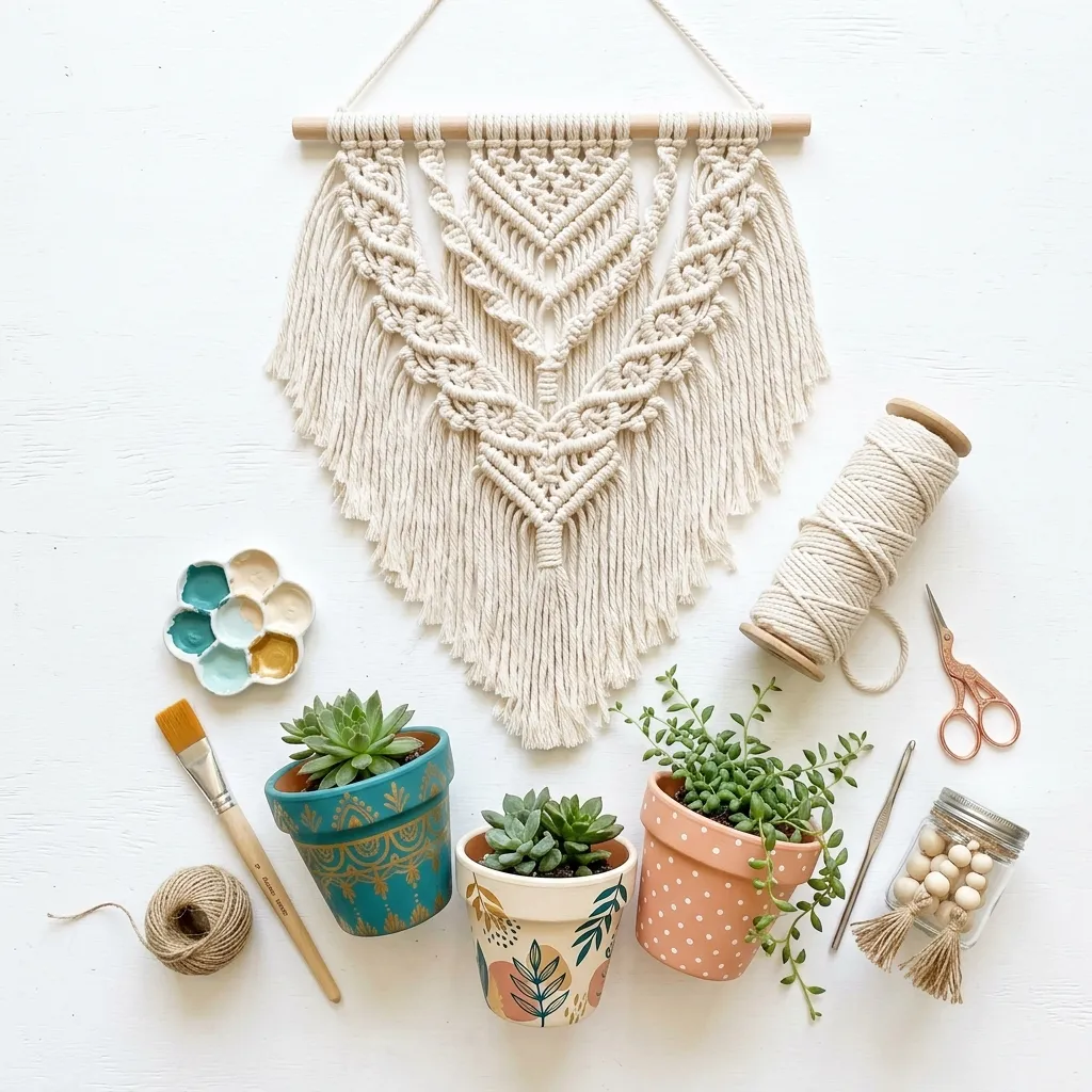 Beautiful handmade macrame wall hanging with intricate knots in natural cotton rope on driftwood, boho bedroom wall