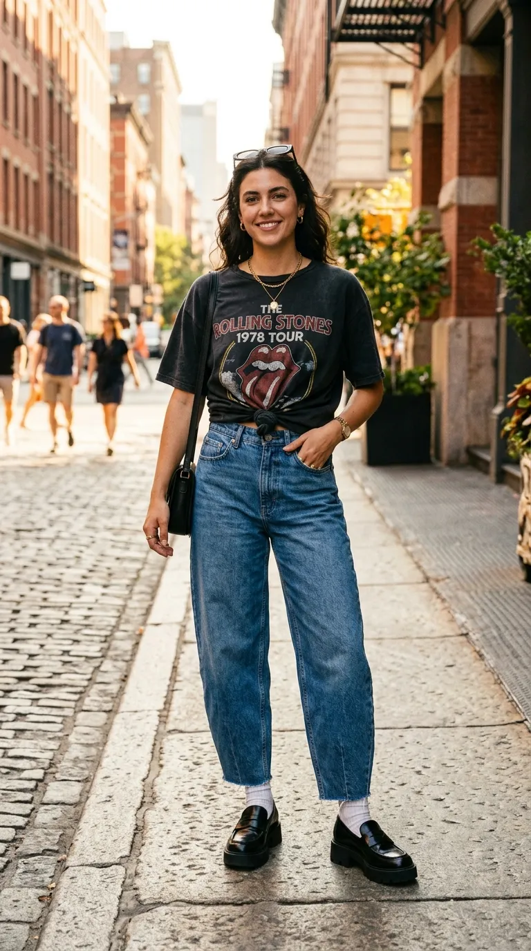 A woman in barrel-leg medium wash jeans with a knotted vintage band tee and chunky black loafers on a cobblestone street in golden evening light