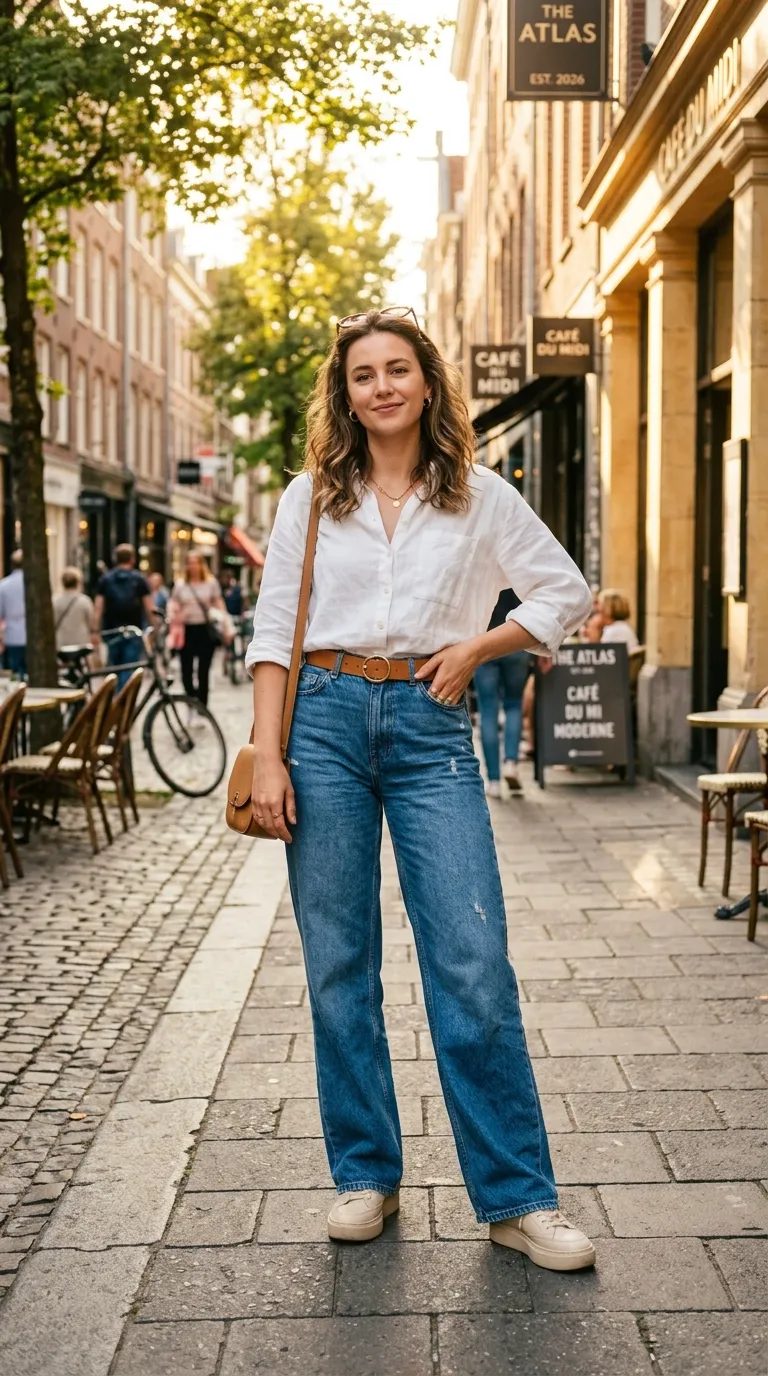 A stylish woman wearing high-waisted wide-leg blue denim jeans with a tucked-in white linen blouse, leather belt, and tan crossbody bag on a sunlit European cobblestone street