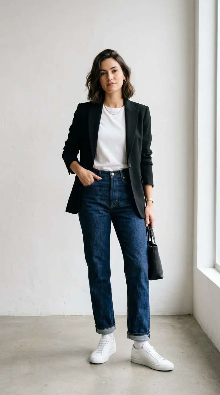 A woman in classic straight-leg dark wash denim jeans paired with a black blazer, white tee, and white sneakers in a minimalist clean white studio setting