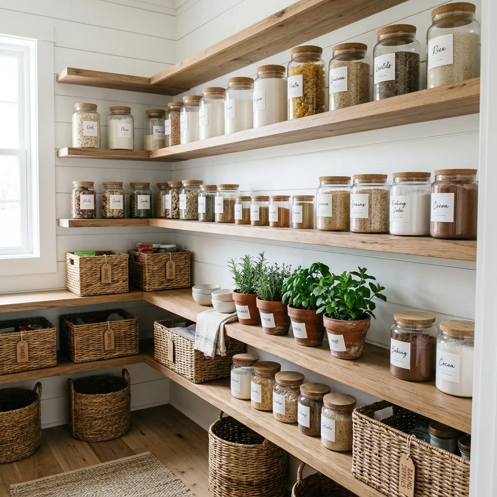 Beautifully organized kitchen pantry with glass jars, uniform labels, wooden shelves, wicker baskets and terracotta herb pots