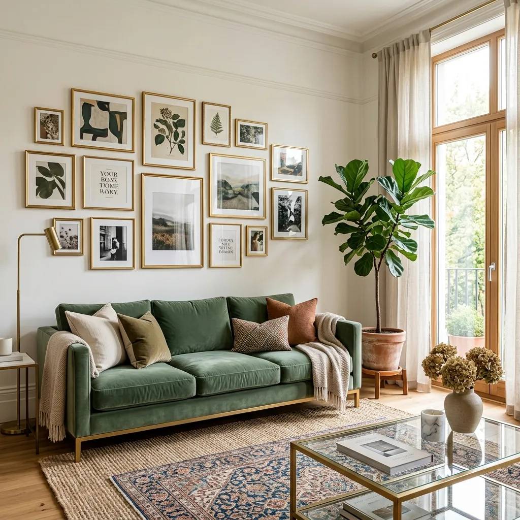 Designer-styled living room with deep sage green velvet sofa, gallery wall, fiddle leaf fig and layered rugs