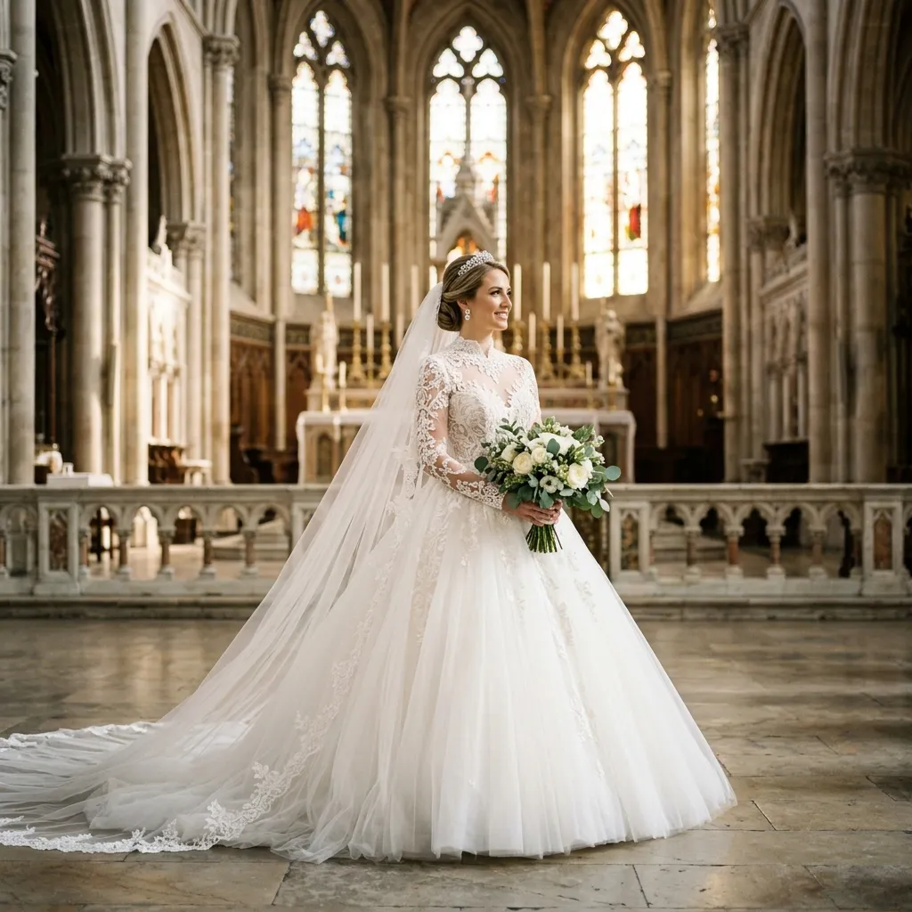 Breathtaking bride in a stunning elegant ball gown wedding dress with cathedral length veil, intricate lace bodice and full tulle skirt in a grand marble church with golden light